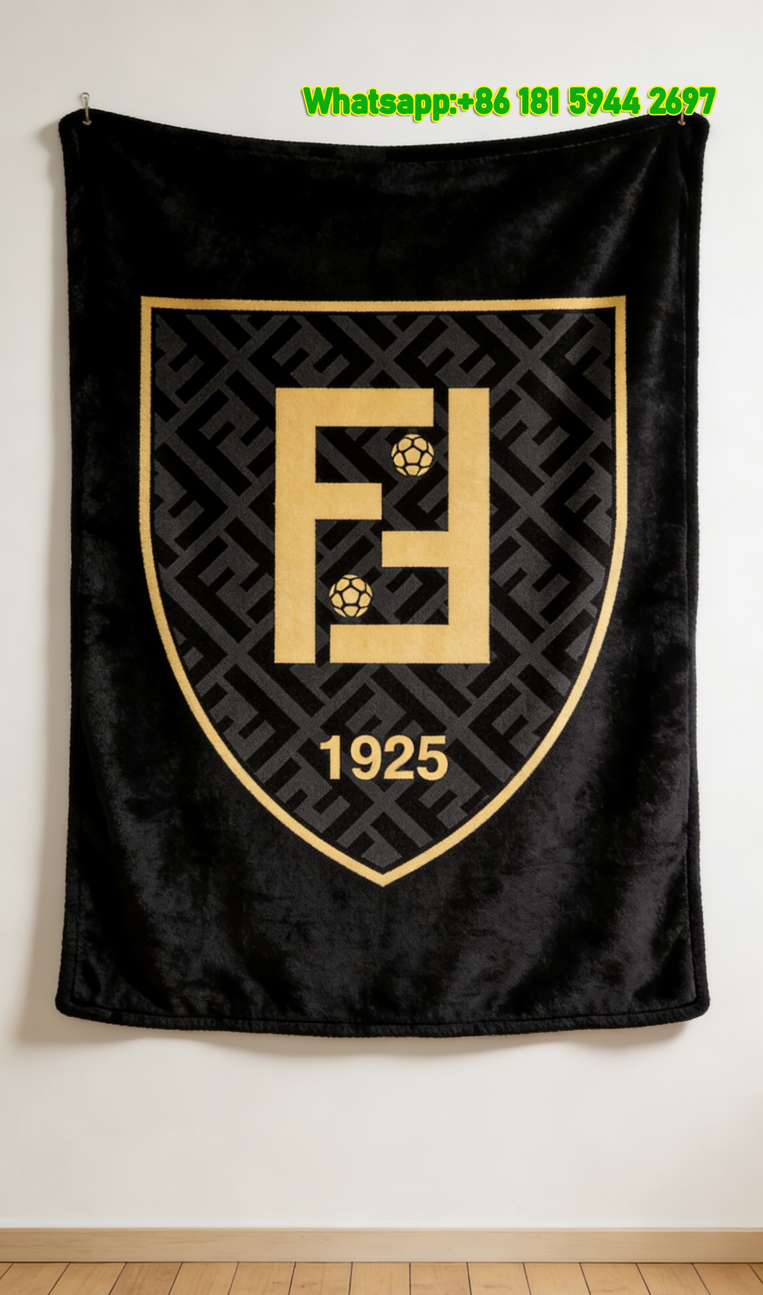 Black and Gold Fendi 1925 Shield Logo Flannel Throw Blanket IMG_9318